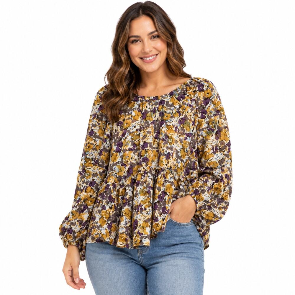 Hayden Los Angeles Mustard Purple Floral Peplum Blouse Sz M